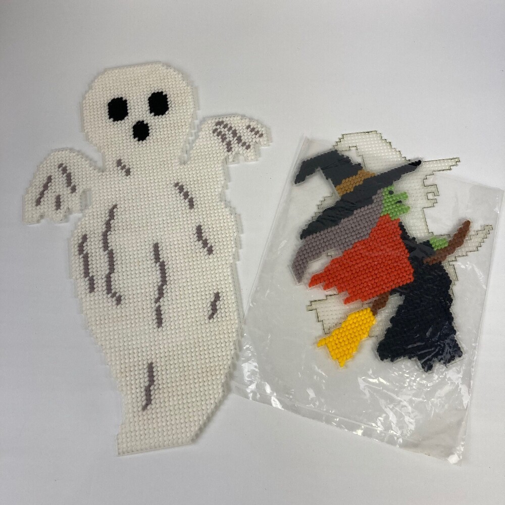 VTG Halloween Plastic Needlepoint Ghost Witch Canvas Wall Hanging Decoration Lot